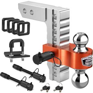Kohree Adjustable Trailer Hitch Fit 2 Inch Receiver, Dual Solid Ball 2" and 2-5/16"(12,500 LBS GTW), 8" Drop & Rise Heavy Duty Aluminum Tow Hitch with 4 Silencer Pads & 2 Locking Hitch Pin, Orange