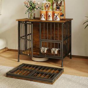 Hadulcet Foldable Dog Crate Furniture, No Assembly Indoor Dog Kennel with Storage Top, Wooden Dog Crate Table for Small to Medium Dogs, 27.55 Furniture Style Dog Cage with 2 Bowls Rustic Brown
