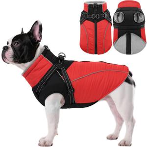 ASENKU Reflective Dog Coat with Built-in Harness, Windproof Fleece-Lined Dog Jacket for Small, Medium, Large Dogs, Warm Winter Vest with Turtleneck & Zipper (Red S)