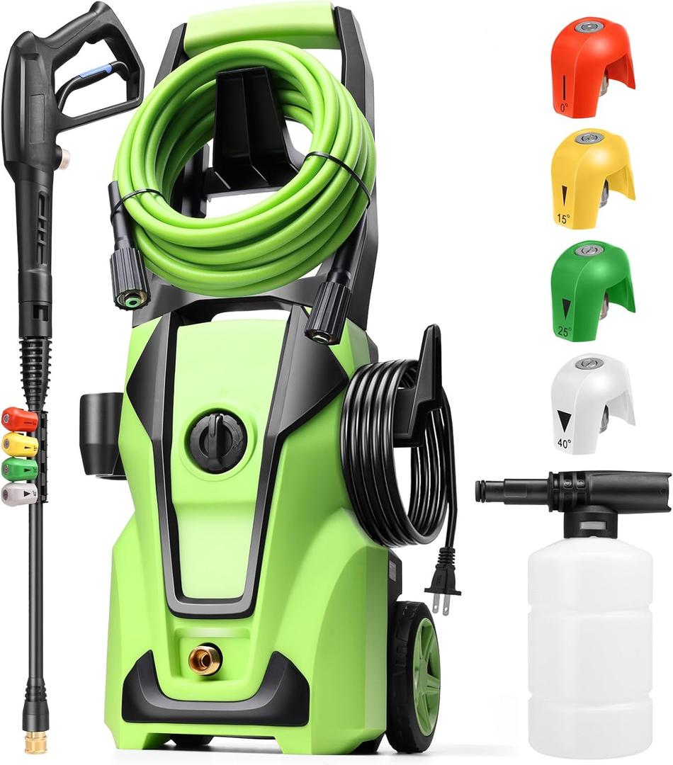 Electric Pressure Washer 5000PSI Max 4.0GPM with 33FT Flexible Extension Hose, 4 Nozzles, Foam Cannon, Power Washer Electric Powered for Cars, Patios, Driveways, Green