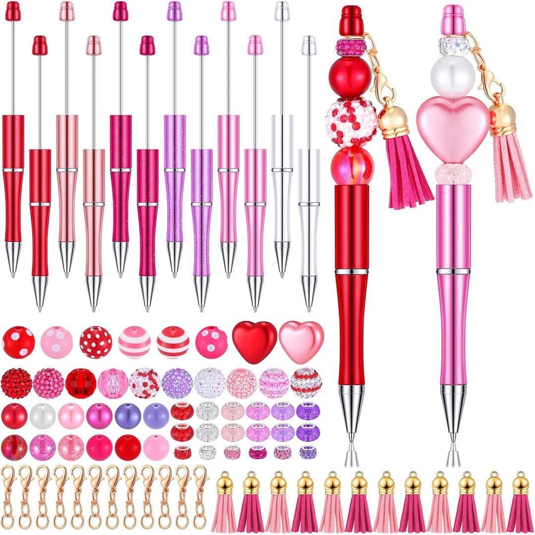 Tinlade 12 Pieces Beadable Pens Bulk with 50 Pcs Assorted Colors Beads Pens DIY Making Kit Multicolor Ballpoint Black Ink for Women Kids Students Office School(Classic Style)