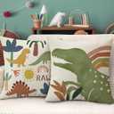 Fahrendom Boho Dinosaur Rawr Decorative Throw Pillow Covers 18 x 18 Set of 4, Bohemian Dino Stay Curious Porch Patio Outdoor Pillowcase, Sun Rainbow Plant Sofa Couch Cushion Case Home Decor