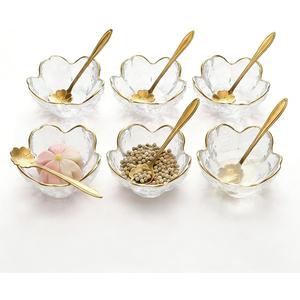 3.3“ Small Sakura Dipping Bowls Set with Gold Spoons，Clear Glass Sauce Dishes with Gold Trim for Soy Sauce, Sushi, Snacks, and Party Appetizers（6 Bowls+6 Spoons）