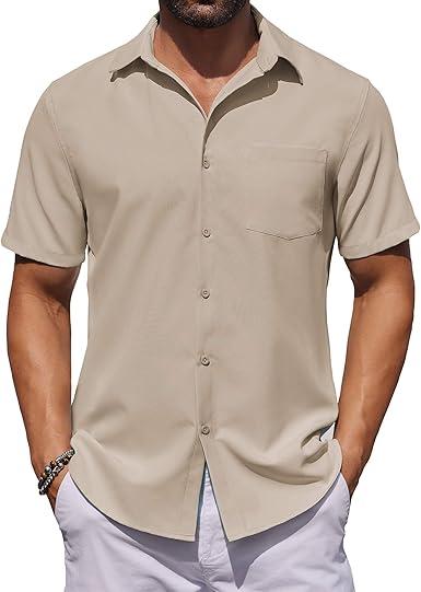 COOFANDY Mens Button Down Shirts Short Sleeve Stain Shield Dress Shirts Business Casual Shirt with Pocket, M, Khaki
