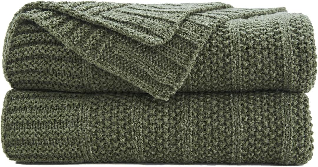 Douceur Olive Green Throw Blanket for Couch, Soft Cozy Lightweight Stripe Pattern Knitted Throw Blanket for Sofa, Living Room Gift, 50"X60" (Stripe-olive Green)
