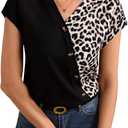 Women's Leopard Print Blouse Wrap V Neck Short Sleeve Button Front Summer Shirt (S)