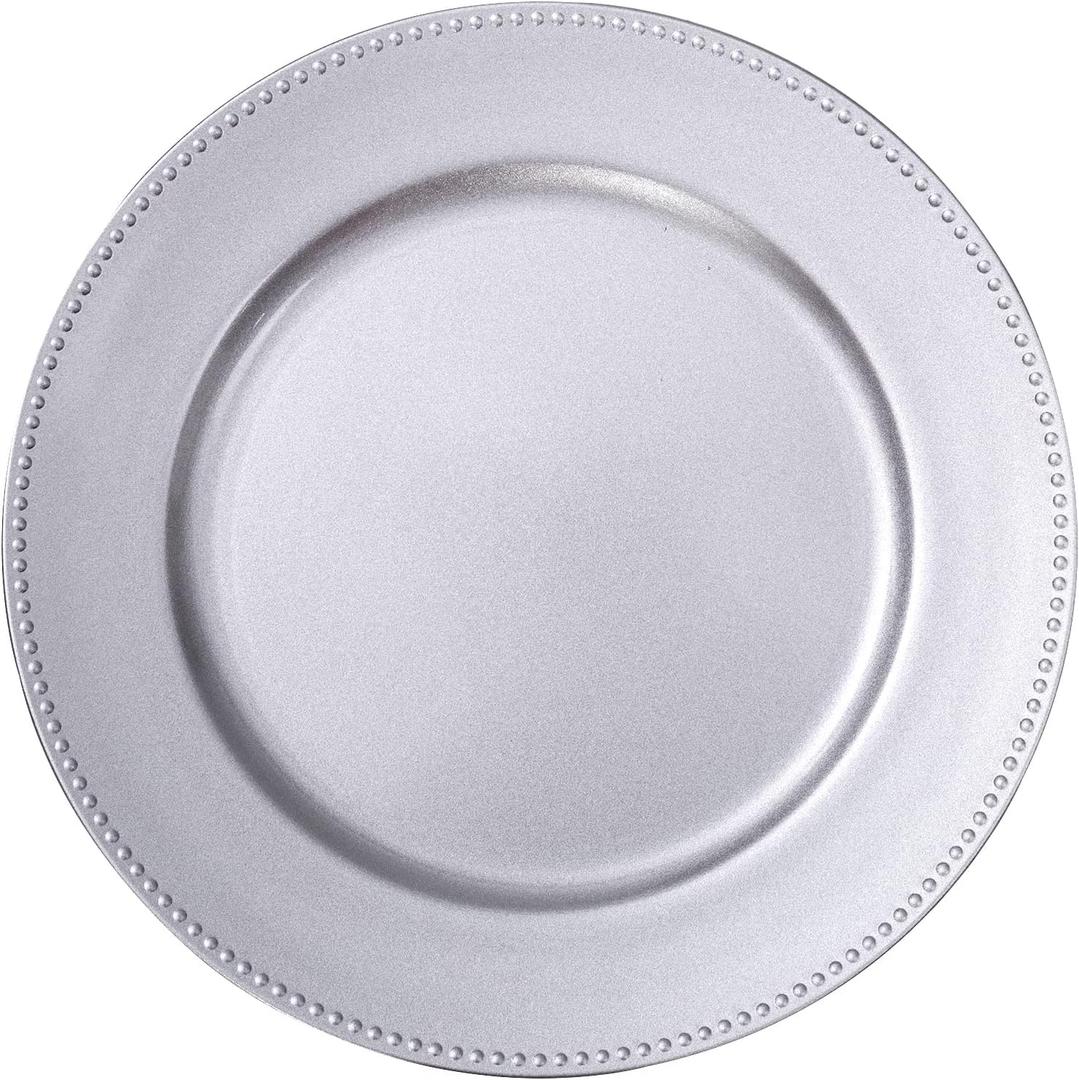 MAONAME Silver Charger Plates Set of 6, Round Dinner Chargers with Beaded, 13 Inch Plastic Plate Chargers for Wedding, Table Decor