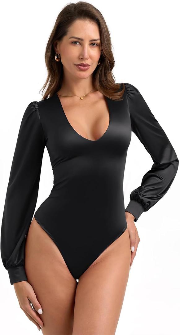 PINKMSTYLE Womens Sexy Satin Silk Plunge V Neck Puff Long Sleeve Bodysuit Going Out Outfit (Medium, Black)