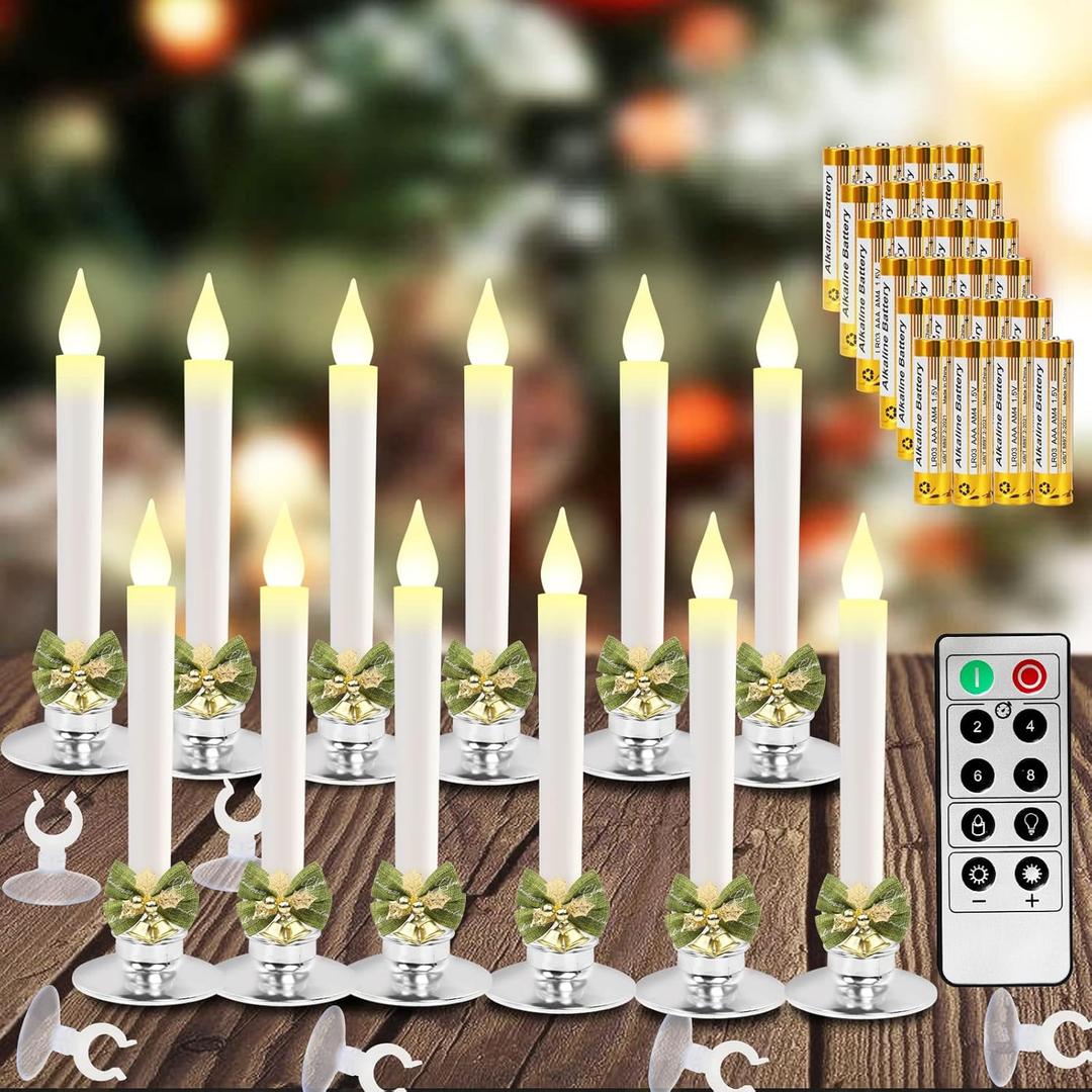 12 Pack Christmas Window Candles Lights with Timer Battery Operated Electric LED Taper Candles Flameless,Sliver Candlestick, Suction Cups,24 PCS Battery Included,Christmas Bow& Gift Box (Silver)