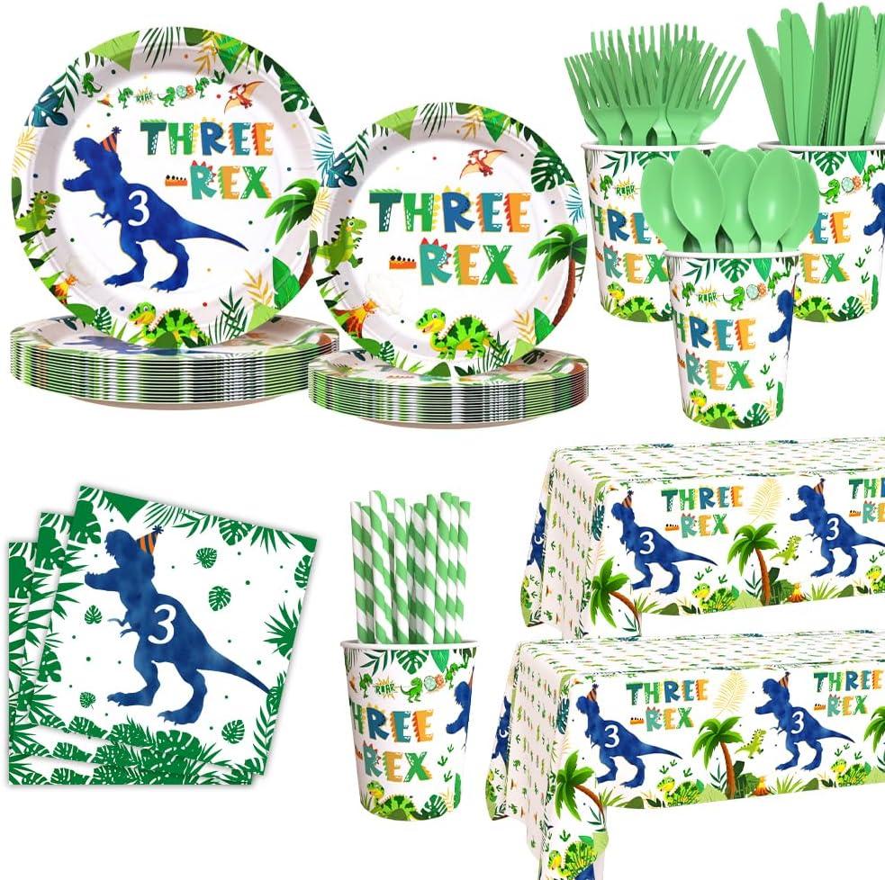 AIBIIN 194pcs Three Rex Birthday Decorations for Boy 3rd Birthday Party Plates, Cup, Napkin, Tablecloth, Tableware, Dinosaur 3 year old Birthday Party Supplies Plates Serve 24 Guests
