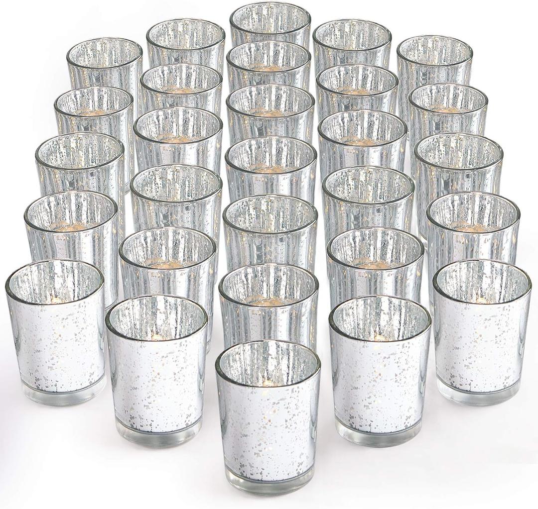 LETINE Silver Votive Candle Holders Set of 24 - Speckled Mercury Silver Glass Candle Holder Bulk - Ideal for Halloween & Thanksgiving Decorations Indoor，Wedding Centerpieces，Home Decor