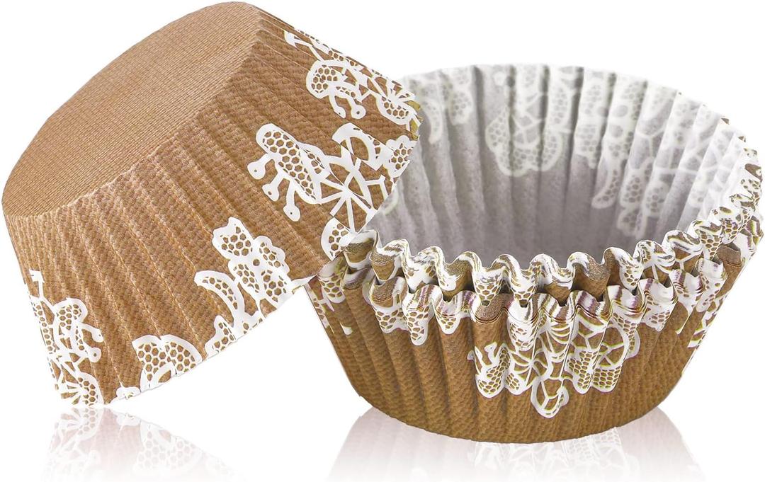 Funtery 300 Pcs Wedding Cupcake Liners Bridal Shower Rustic Lace Cupcake Wrappers Fall Muffin Liners Baking Cups Greaseproof for Baby Shower Christmas Birthday Party Anniversaries Decorations, Brown