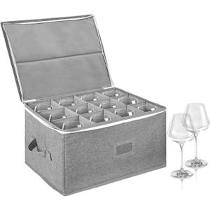 Glass Storage Box Holds 12 - Stackable Hard Shell Organizer with Adjustable Dividers for Champagne Flutes & Crystal, Label Window, Durable Protector Case