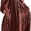 Women Floral Embroidered Maxi Dress Long Puff Sleeve Square Neck Bohemian Flowy Dress with Pockets Summer Fall (Medium, Dark Brown)