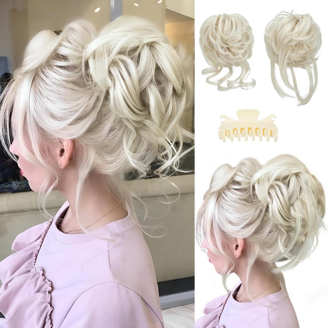 SARLA 2PCS Messy Bun Hair Pieces for Women Detachable Claw Clip Wavy Curly Synthetic Hairpieces for Updos with Tendrils Fake Scrunchies Ponytail Extension Platin Blonde