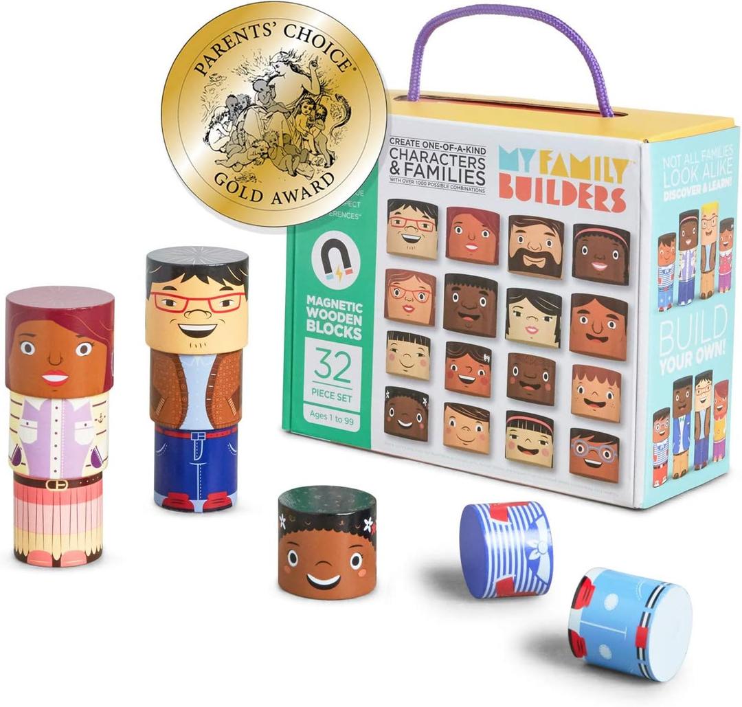 32-Piece Multiracial Magnetic Family Play Set  Wooden Diversity Building Blocks for Kids  Multicultural Puzzles & SEL Toy for Toddlers & Children