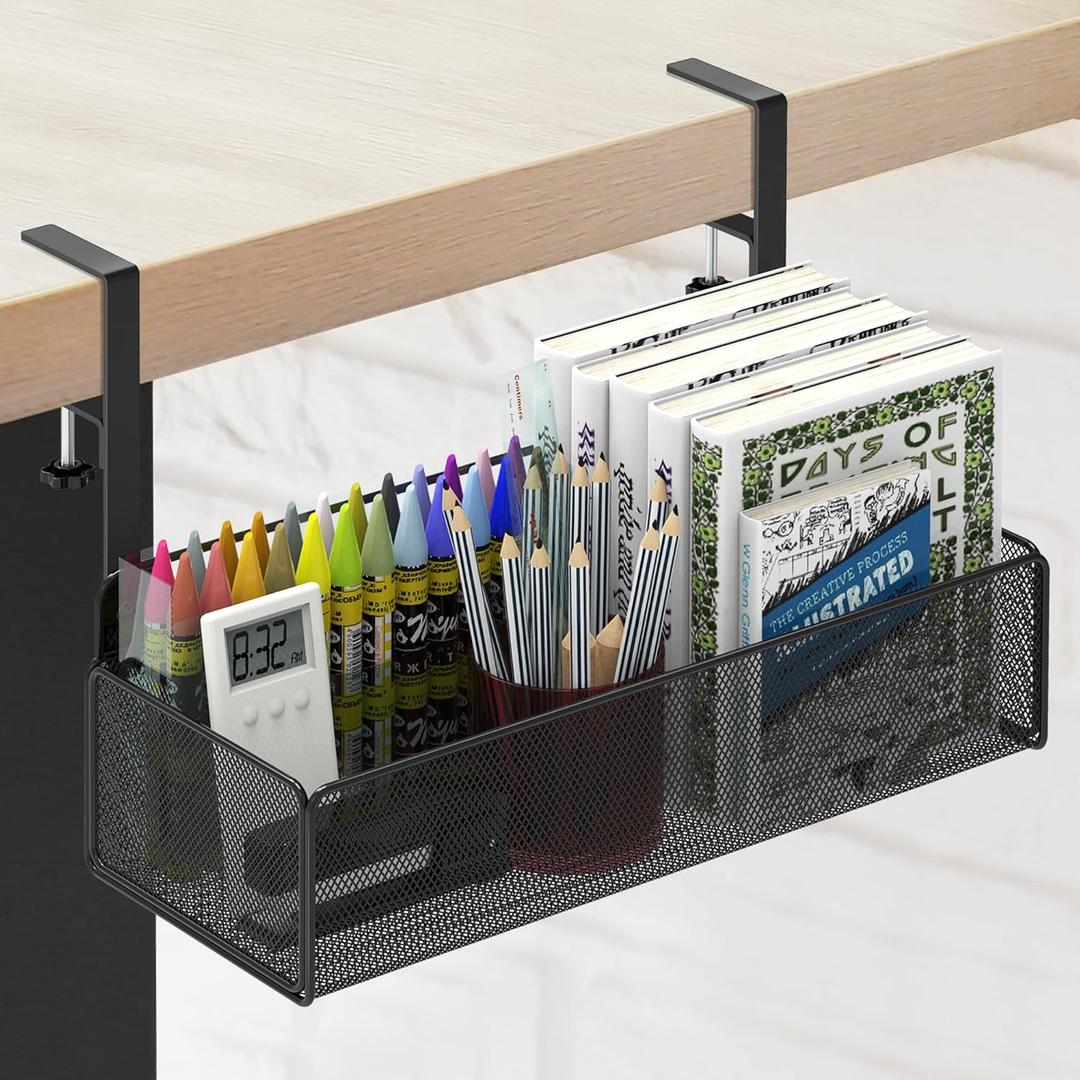 Office Under Desk Organizer Storage, Metal 3-IN-1 Clamp On Desk Side and Desktop File Document Magazine Organization Wall Hanging Bin Holder Office Supplies For Home School Essentials