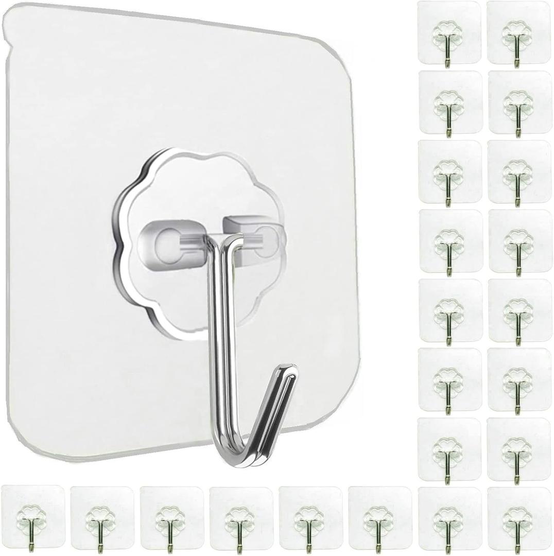 24 Pack Self Adhesive Hooks Heavy Duty - 33lb Max, Transparent, Waterproof, Sticky Wall Hooks for Keys, Bathroom, Shower, Outdoor, Kitchen, Door, Home Improvement, Utility