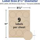 Avery Kraft Brown Round Labels with Sure Feed Technology, 2.5" Diameter, Print to The Edge, Laser/Inkjet Printable Labels, 225 Total (22808) (2.5 inch (Pack of 1))