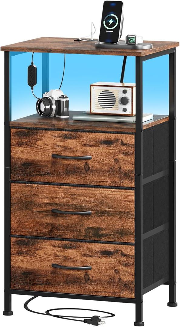 Somdot Tall Nightstand with Charging Station and LED Light for Bedroom, 3 Drawers Dresser with Fabric Bins for Bedside Kids Dorm Room Closet Laundry Entryway, Wood Grain Print (11.8"D x 15.7"W x 28.3"H (3 Drawers))