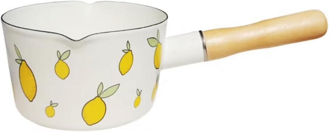 Enamel Milk Pot, Butter Warmer Non-stick Saucepan, 6 Inch 37 Oz Cookware with Wooden Handle