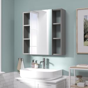 24x24 Bathroom Cabinet with Mirror, Wall Cabinet with 1 Mirrored Doors, Adjustable Shelf, Open Compartment, Wall-Mounted,Grey (Assembly Required)