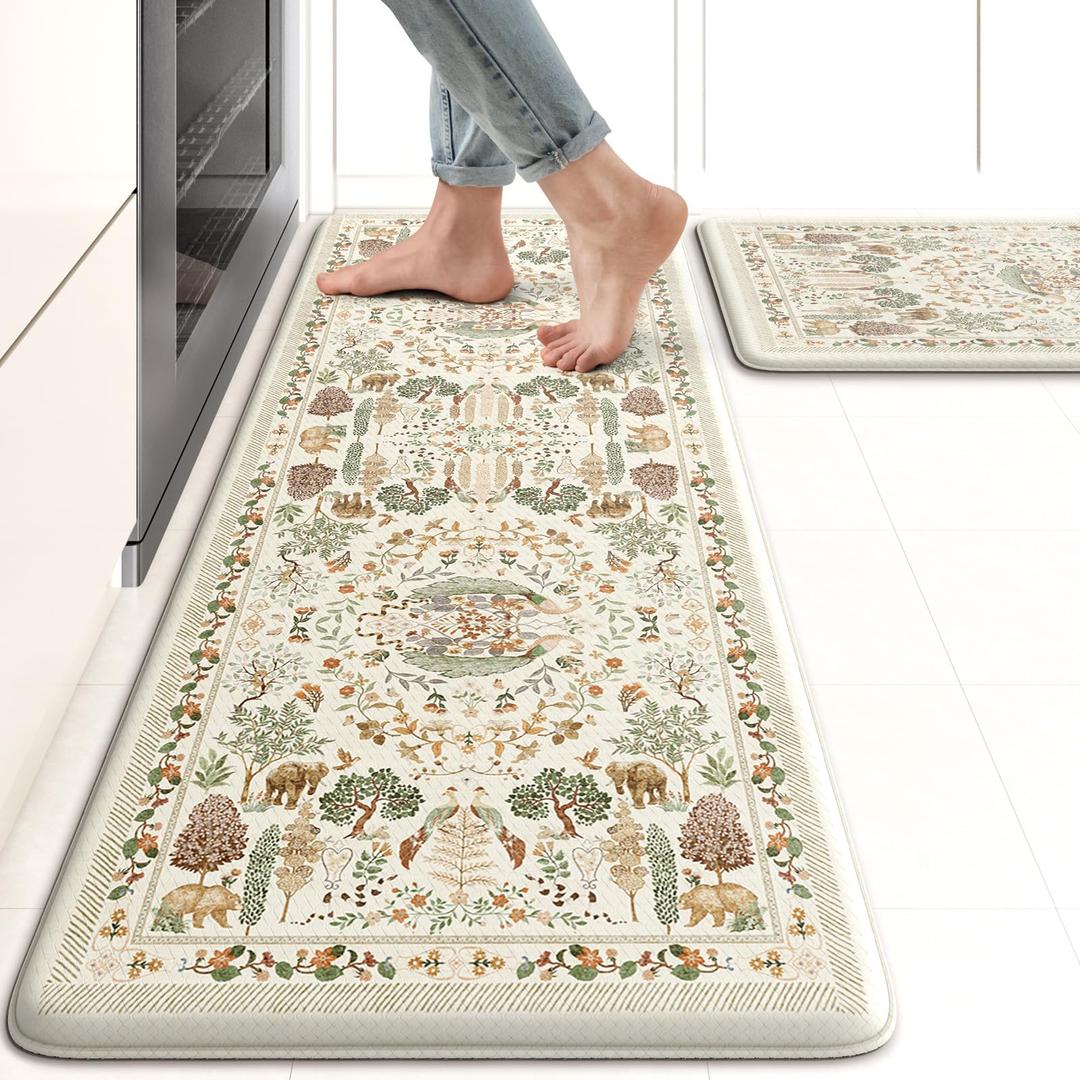 KIMODE Anti Fatigue Kitchen Mats 17"x47"+17"x29", Vibrant Floral Kitchen Rugs Sets of 2, Cushioned Non Skid Kitchen Mats for Floor, Comfort Kitchen Floor Mats for Sink Laundry Desk Beige