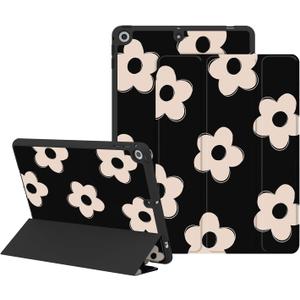 Lornpa Case for iPad 9th/ 8th/ 7th Generation 10.2 inch 2021/2020/ 2019, Protective Case with Pencil Holder, Auto Wake/Sleep Trifold Smart Stand Cover for iPad 9th/8th/7th gen, Black Flowers