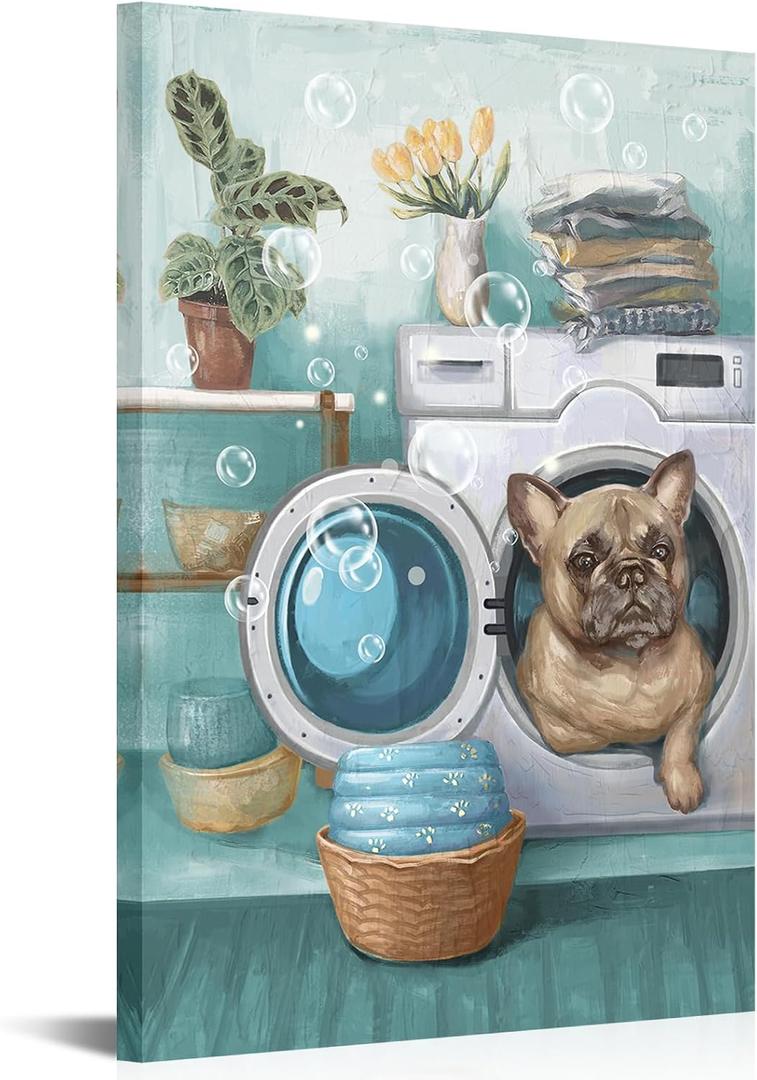 FuShvre Laundry Room Pictures Wall Art Funny Laundry Canvas Wall Decor Cute Puppy Home Hotel Laundry Painting Gallery Wrapped (Medium, Teal)