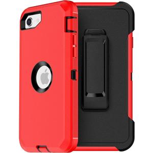 MXX Case Designed for iPhone SE Case 2020 /SE 2022 Heavy Duty Protective Case with Screen Protector [3 Layers] Rugged Rubber Protection Cover & Rotating 360 Degree Belt Clip SE 3rd/2nd Gen (Red/Black)