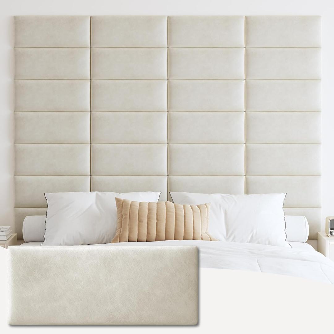 IFNOW Wall Mounted Headboard, Upholstered Leather Headboard Queen/ King Size, Peel and Stick headboard, 3D Soundproof Wall Panels, 12 Packs Panels Size 9.84" x 23.62", Ivory White