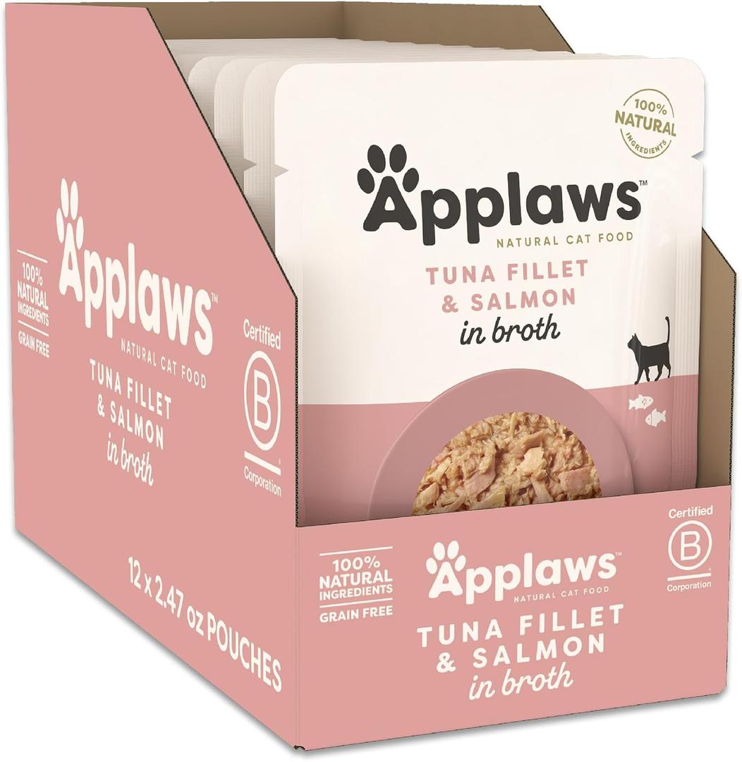 Applaws Tuna Fillet & Salmon in Broth Wet Cat Food 12-Pack 2.47 oz Pouches | 100% Natural, High Quality Protein, Limited Ingredient, Grain Free, No Fillers, No Artificial Additives (EXP 01/10/28)