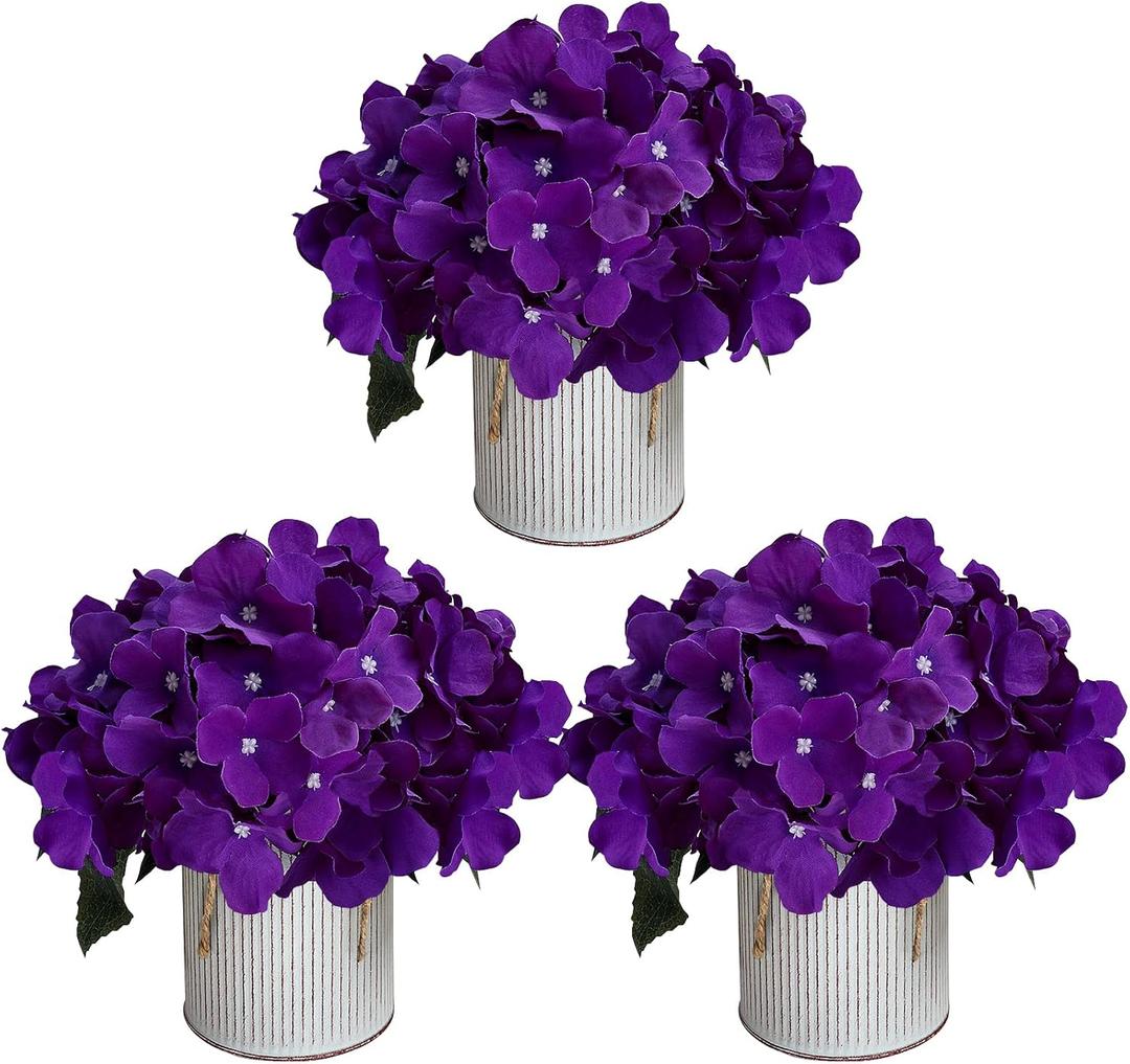 Flower Table Centerpieces - Artificial Wedding Hydrangeas Floral Arrangement with Rustic Metal Vase for Bridal Tea Party Event Decorations (Deep Purple, Set of 3 Floral Arrangement)