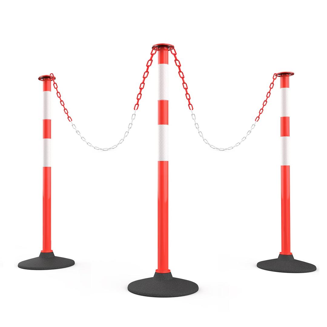 RoadHero 3 Pack Traffic Delineator Post with Weighted Rubber Base, Portable Orange Safety Barrier Posts Cones with 5 FT Plastic Chain and Reflective Collars for Parking Lots,Construction Events