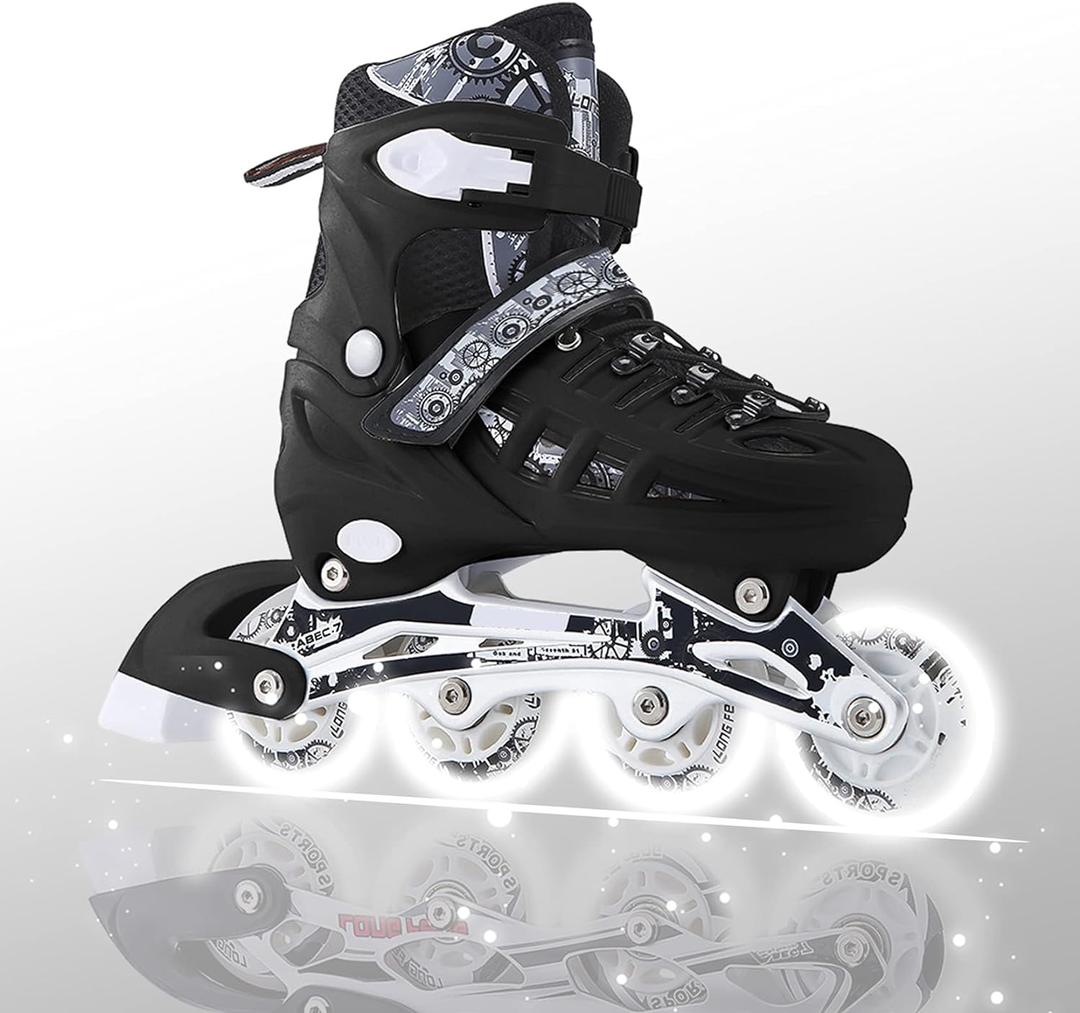 4 Types Size Adjustable Inline Skates Kids Adults for Outdoor Flash Men and Women Roller Skates Beginners Featuring All Illuminating Wheels Roller Shoes Pu High Elastic Wear Wheel (L(6.5-8.5), Black)