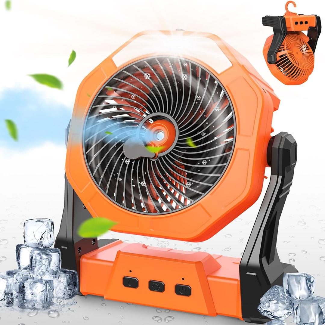 Ausic Portable Misting Camping Fans, [Max 35H Runtime] Outdoor Cooling Fan for Patios, 8 Inch Battery Operated Rechargeable Fans, Water Spray Fan with LED Light, Travel Beach Camp Essential (10000mAh, Orange)