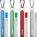 Ecoangel Cruise Ship Essentials,4-Pack reusable Collapsible Stainless Steel Drinking Straws with Aluminum Case,Cleaning Brush,and Keychains-Silver,Blue,Red,Green
