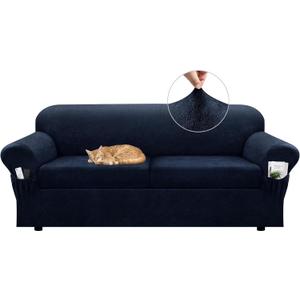 Sofa Slipcover with Armrest Pockets 3-Piece Set, Stretch Faux Leather Couch Cover for 2-Cushion Couches(Fits 72-92") - Non-Slip, Machine Washable, Pet & Kid Friendly - Navy
