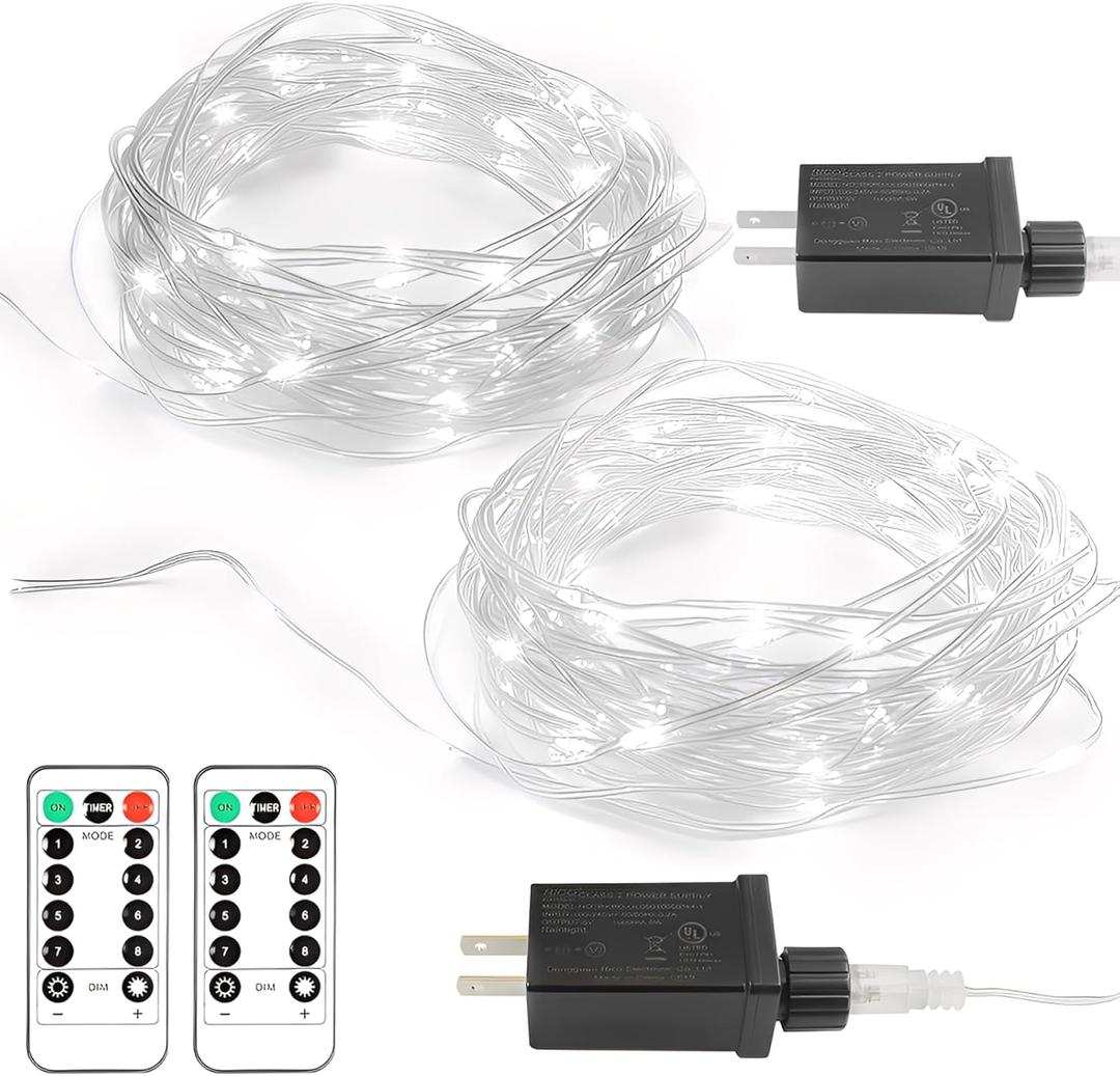 2 Pack Fairy String Lights Plug in, 33Ft 100 Micro Starry LED Outdoor String Lights with 8 Modes Timer Dimmable IP68 Full Waterproof Twinkle Lights for Bedroom Garden Christmas Home Decor (Cool White)