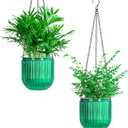 Josteve 5.2 Inch 2 Pcs Self Watering Hanging Planter Indoor Plant Pots Drainage Holes, Outdoor Small Hanging Planters Flower Pot Basket, Visible Water Level, Plant Hanger Home Decor, Gardening (Emerald)
