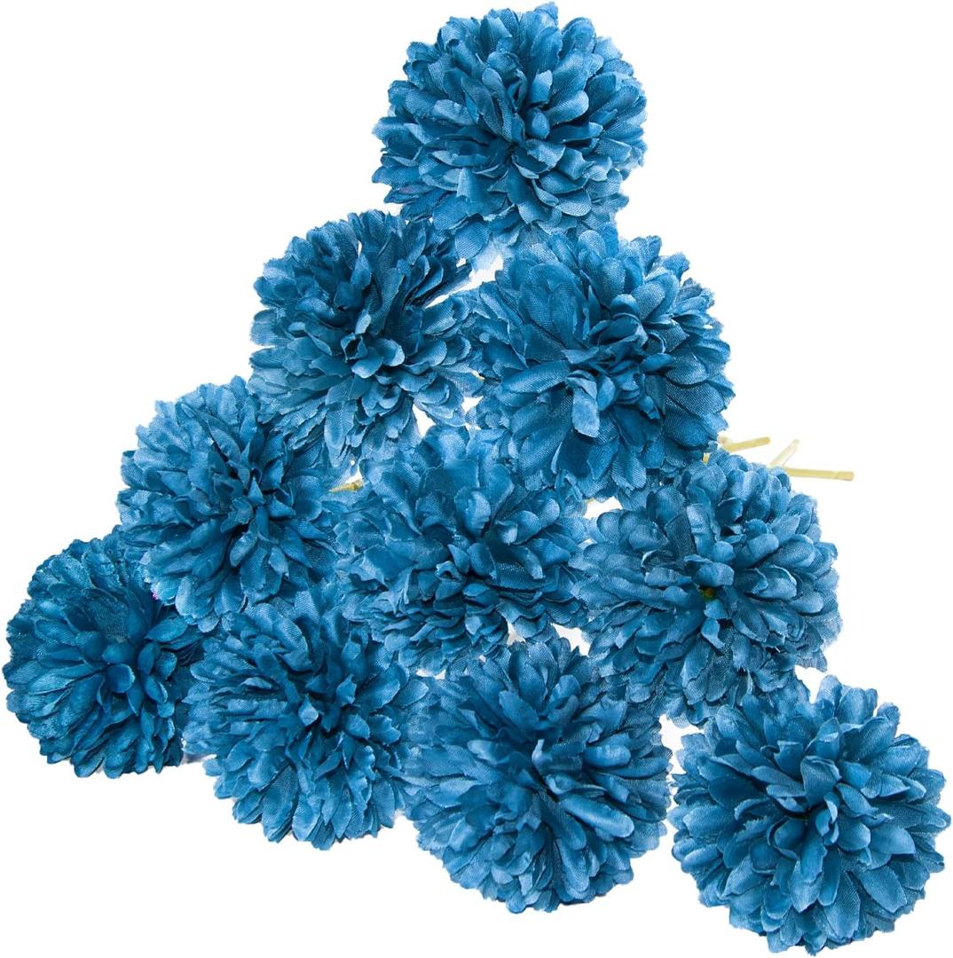 Blue Fake Chrysanthemum Flowers for Craft, 10 Pcs Faux Mum Flowers Silk Chrysanthemum with Glue for Vase, Home Kitchen, Wedding Party 10.6 Inch