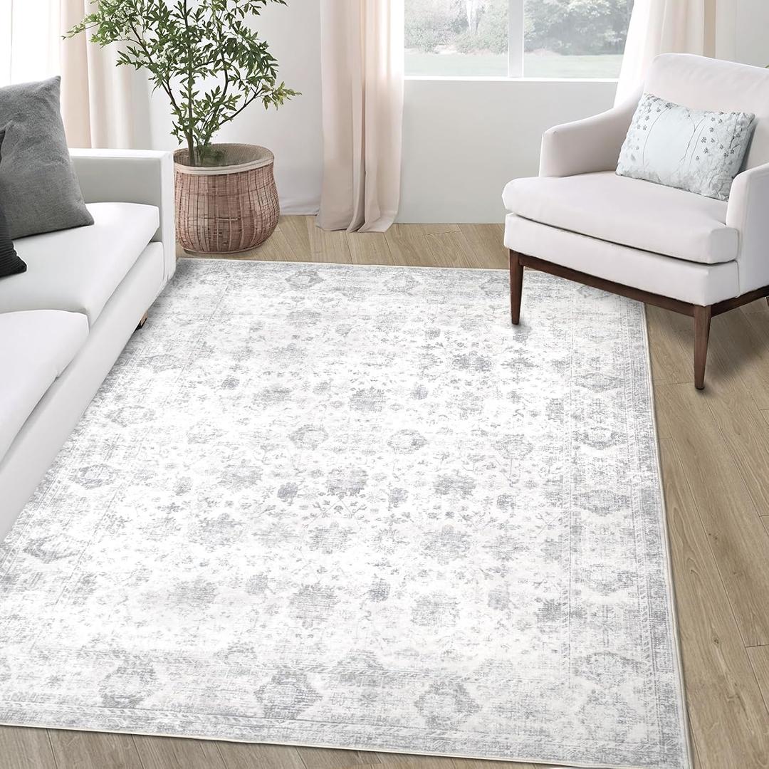Washable 35 Area Rug for Living Room, Vintage Floral Rug Soft Non Slip Stain Resistant Boho Carpet for Bedroom Dinning Room Kitchen Home Office Grey