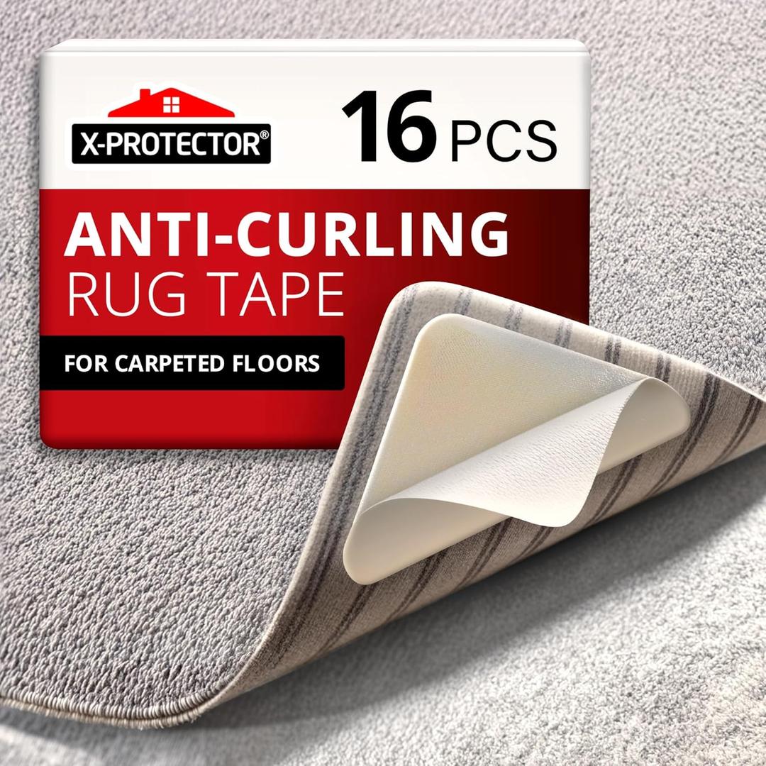 Rug Tape for Carpet - 16Pcs Set - White Anti-Slip & Anti-Curling Carpet Tape for Rugs - Premium Rug Pad Gripper - Carpet Corner Grippers to Keep Your Rugs & Make Corners Flat