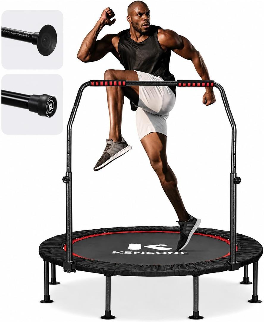 KENSONE 48" Foldable Mini Trampoline, Indoor Trampoline for Kids, Adults Indoor/Garden Workout, Fitness Rebounder with Adjustable Foam Handle, Max Load 450 lbs