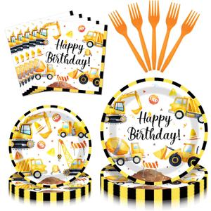 100 Pieces Construction Truck Tableware Set Party Supplies Happy Birthday Yellow Digger Pattern Disposable Plates, Napkins, and Forks Dinnerware for Boys Birthday Construction Theme Celebrations