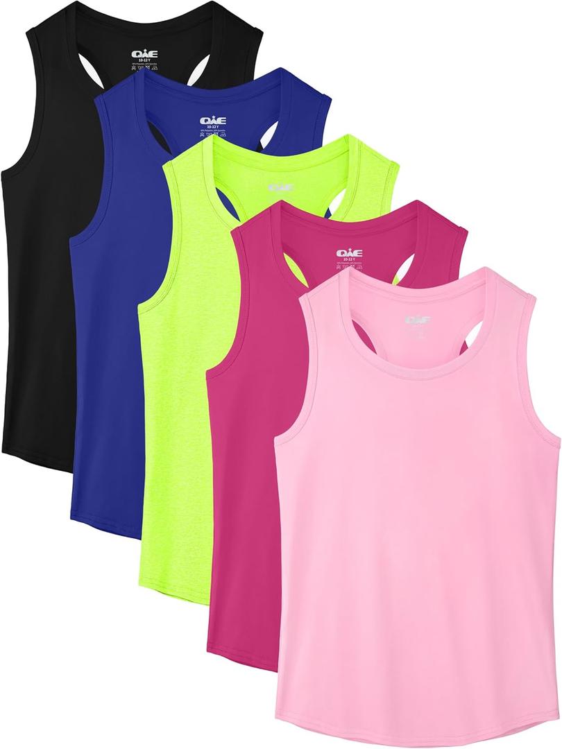 QWE 5 Pack Girls Tank Tops Dry-Fit Girls Sleeveless Undershirts Athletic Tank Tops for Teen Dance Performance 10-12Y