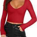 REORIA Women's Basic Sexy V Neck Long Sleeve Slim Fitted Cropped T Shirts Fall Fashion Going Out Crop Tops (Red, S)