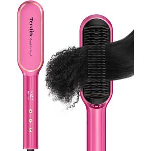 Terviiix Hair Straightening Brush Magenta - Rapid Heat Hair Straightener Brush 450F in 20S, Ionic Technology, 13 Settings, Dual Voltage, Anti-Scald, for Frizz Control & Daily Styling