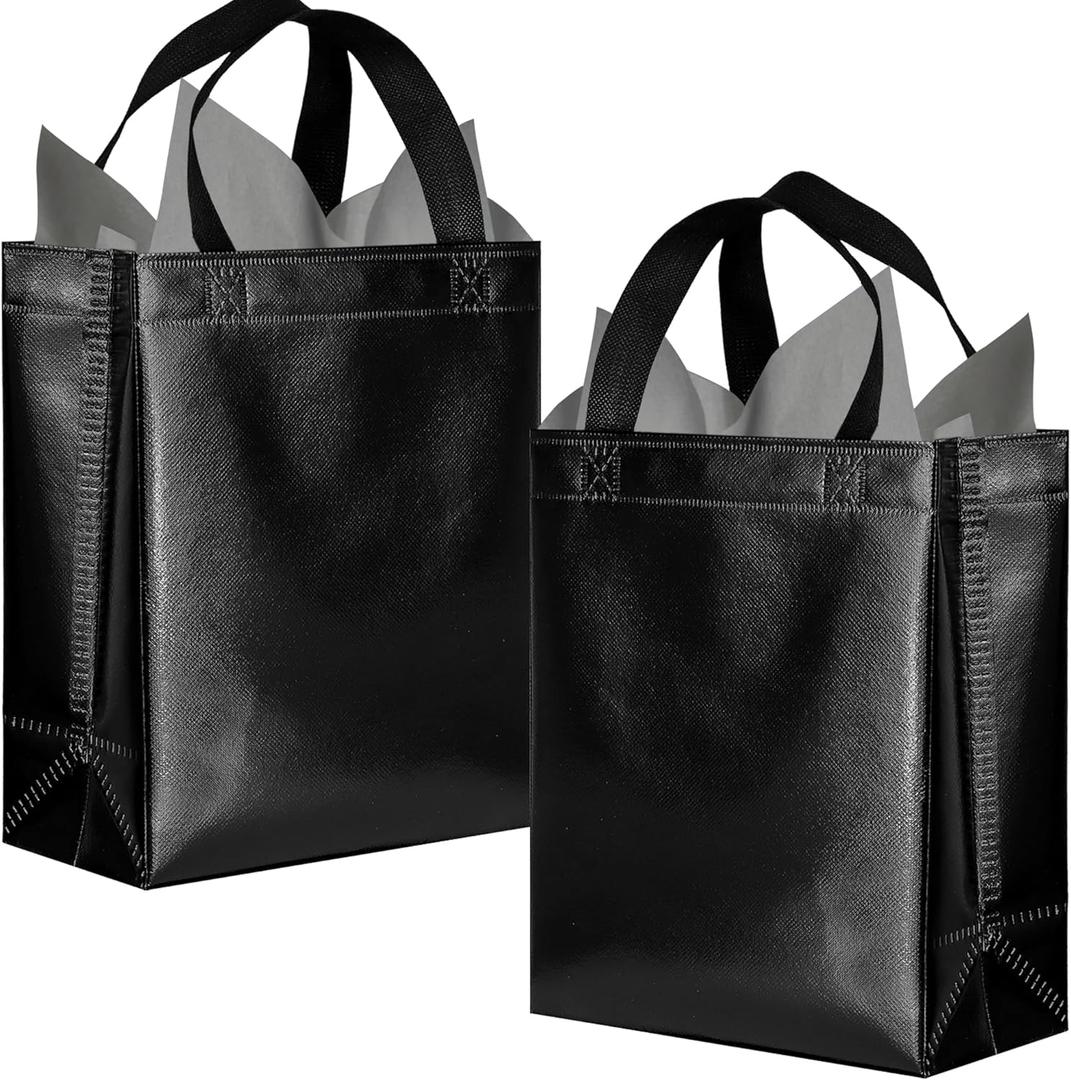 BLEWINDZ 18Pcs Black Reusable Party Favor Bags with Tissues, Medium size Goodie Bags - Perfect as Birthday Gift Bag, Shopping Bag (1 Count (Pack of 18), Black-medium Size)