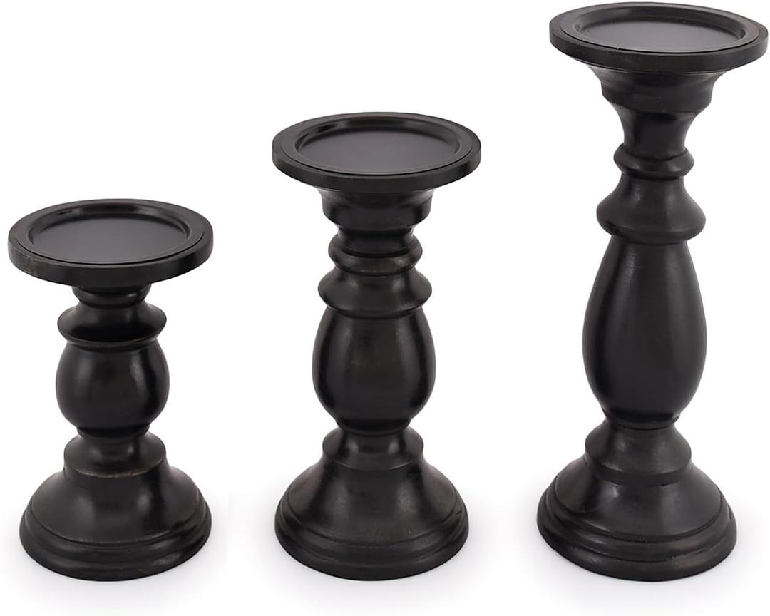 SAMHITA Set of 3 Farmhouse Mango Wood Candle Holders, in Black Finish for Table Centerpiece Candle for Any Room Decor